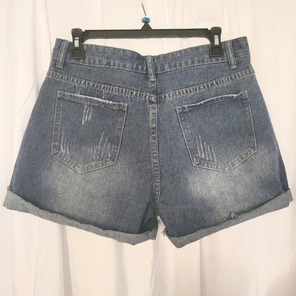 Blue Rolled Hem Denim Shorts, Slim Fit Ripped Floral Print Slash Pockets L 8-10 - Picture 13 of 13